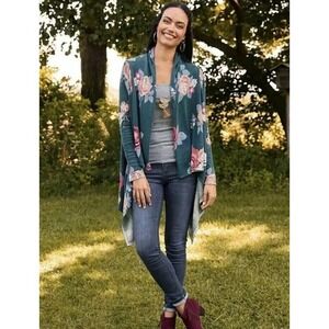 Matilda Jane Teal Floral Cozy Days Open Front Waterfall Cascade Cardigan Size L